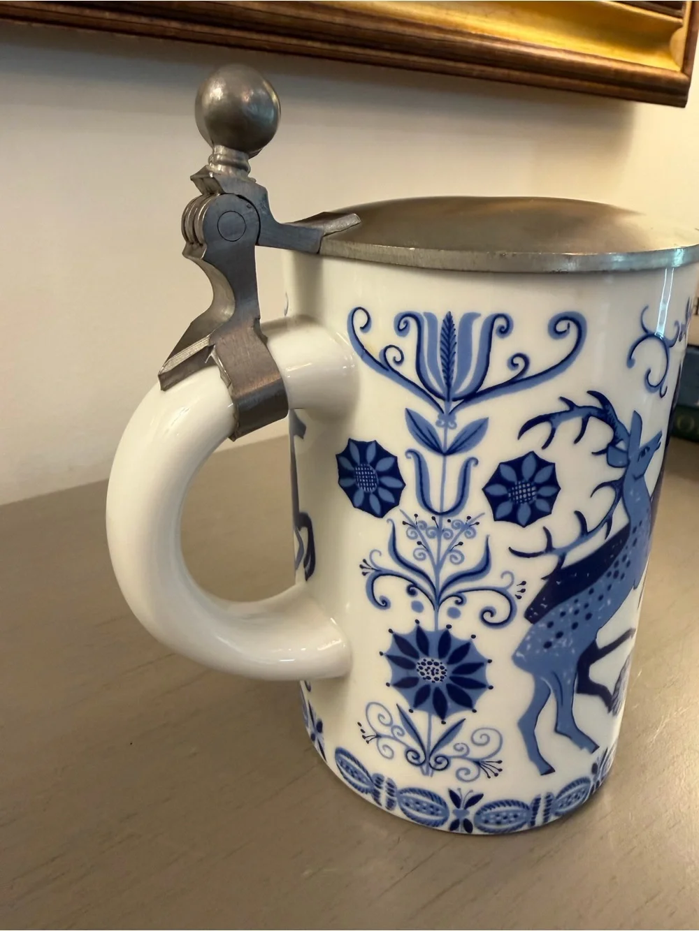 Kurt Hammer Vintage Porcelain German Beer Stein Tankard with Hinged Metal Lid